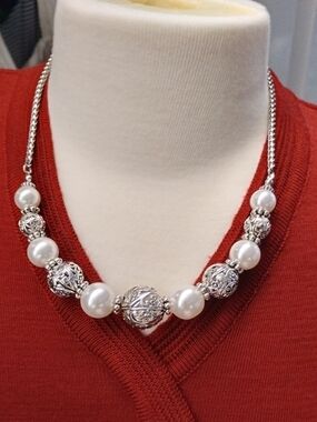 Silver Filigree and White Pearl Necklace